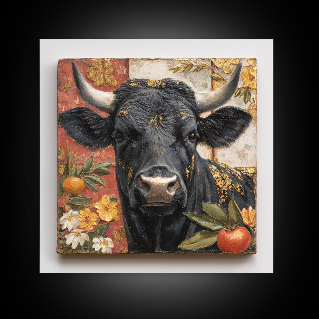 Steakhouse Black and Gold Bull Portrait Canvas Print, Restaurant Art, Bar Decor, Restaurant Decor, Fine Art, Bistro, RES-1x1-55