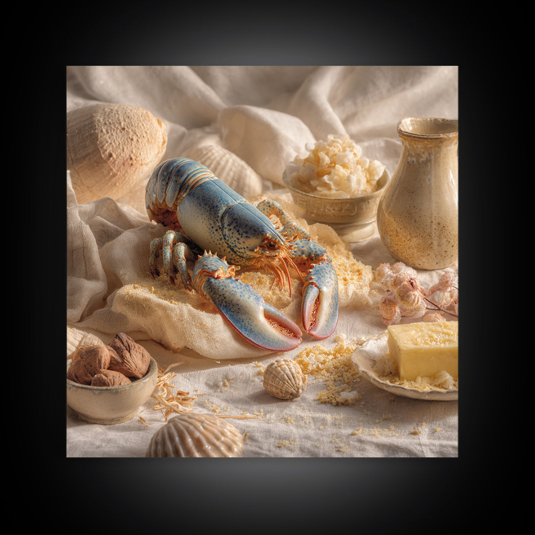 Seafood Lobster and Shell Arrangement Framed Canvas Print, Restaurant Art, Kitchen Decor, Restaurant Decor, Fine Art, Bistro, RES-1x1-56