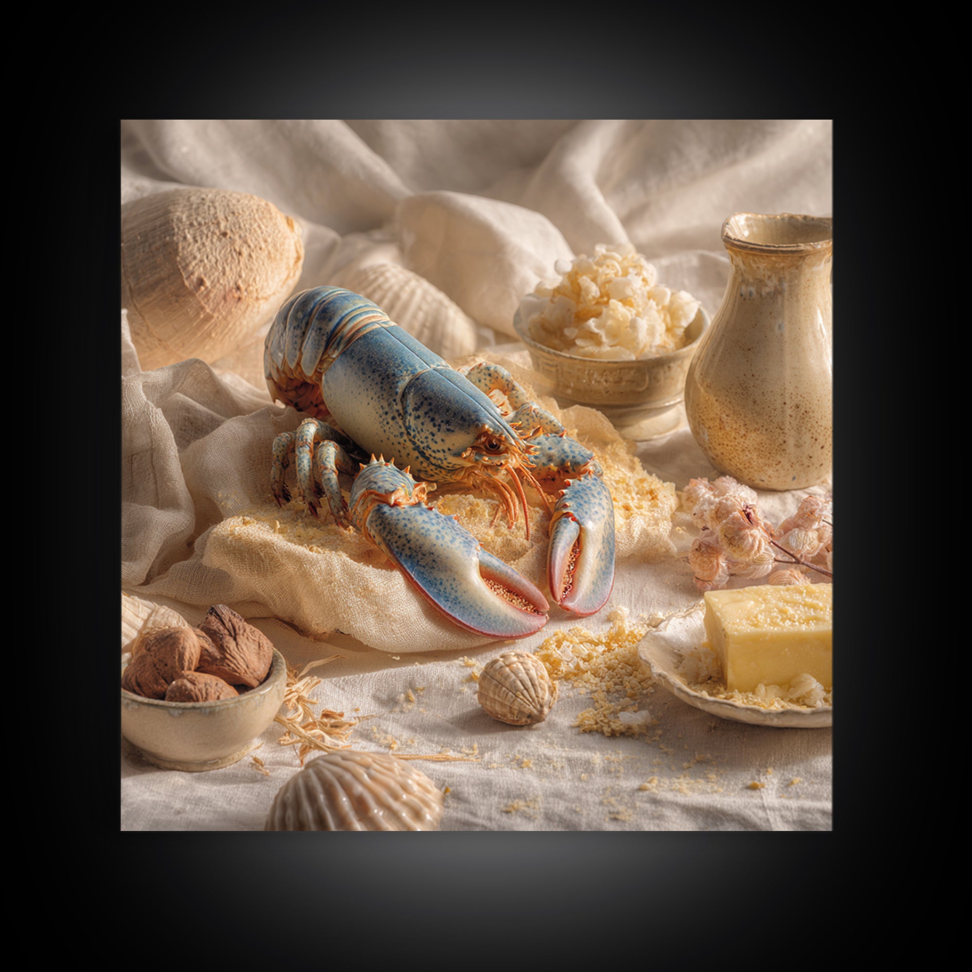Seafood Lobster and Shell Arrangement Framed Canvas Print, Restaurant Art, Kitchen Decor, Restaurant Decor, Fine Art, Bistro, RES-1x1-56