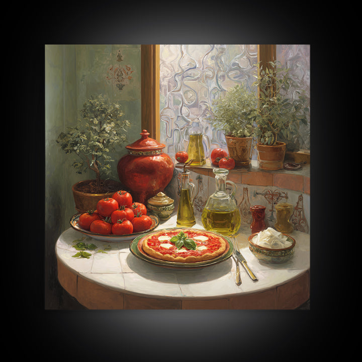 Pizzeria Tomato Basil and Mozzarella Still Life Framed Canvas Print, Restaurant Art, Bar Decor, Restaurant Decor, RES-1x1-58