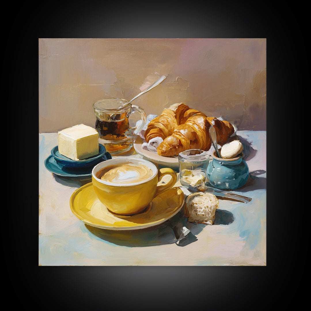French Bistro Coffee and Croissant Still Life Canvas Print, Restaurant Art, Bedroom Wall Art, Restaurant Decor, Bistro, RES-1x1-6