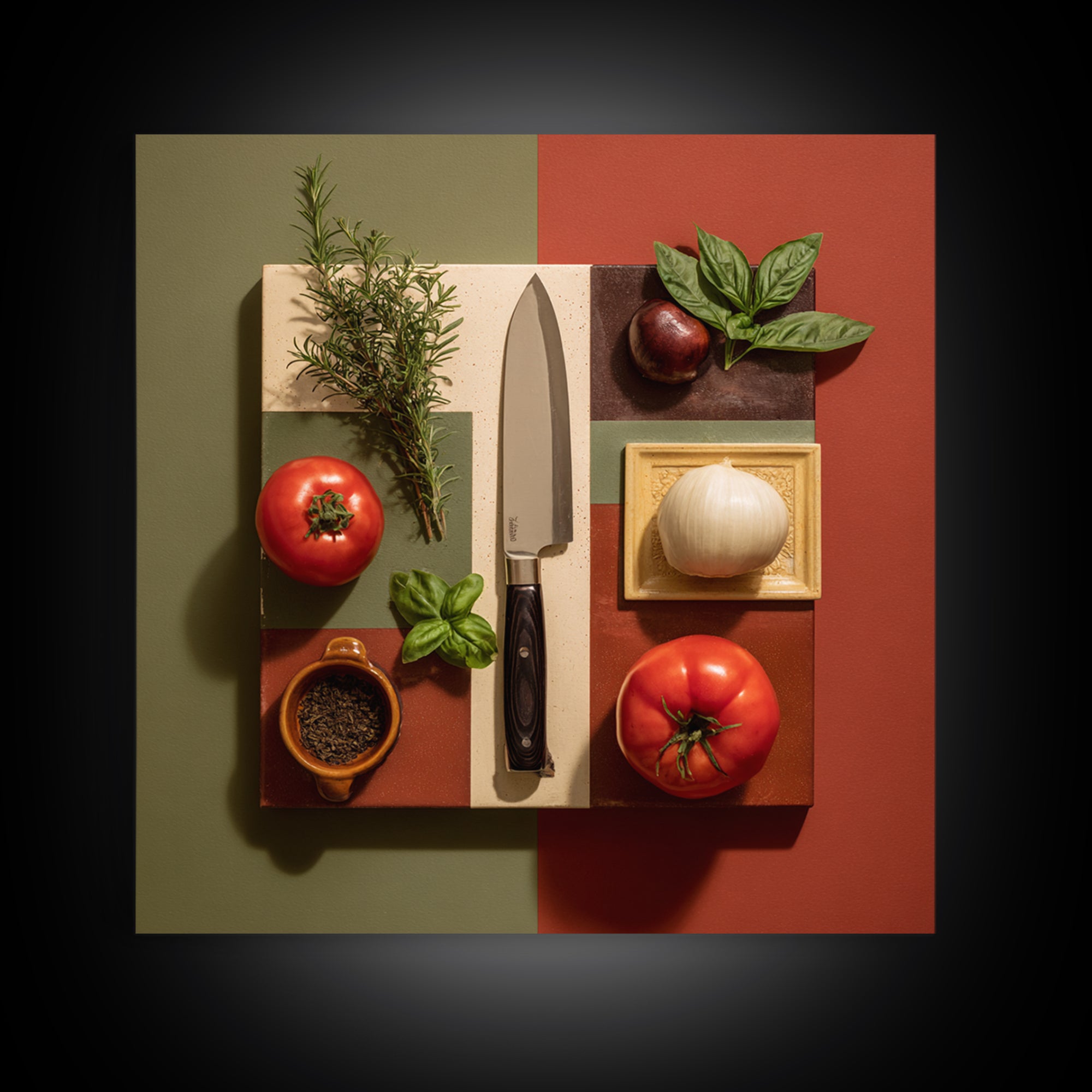 Chef Knife Herbs and Cutting Board Still Framed Canvas Print, Restaurant Art, Boho Decor, Restaurant Decor, Oil Painting, RES-1x1-61