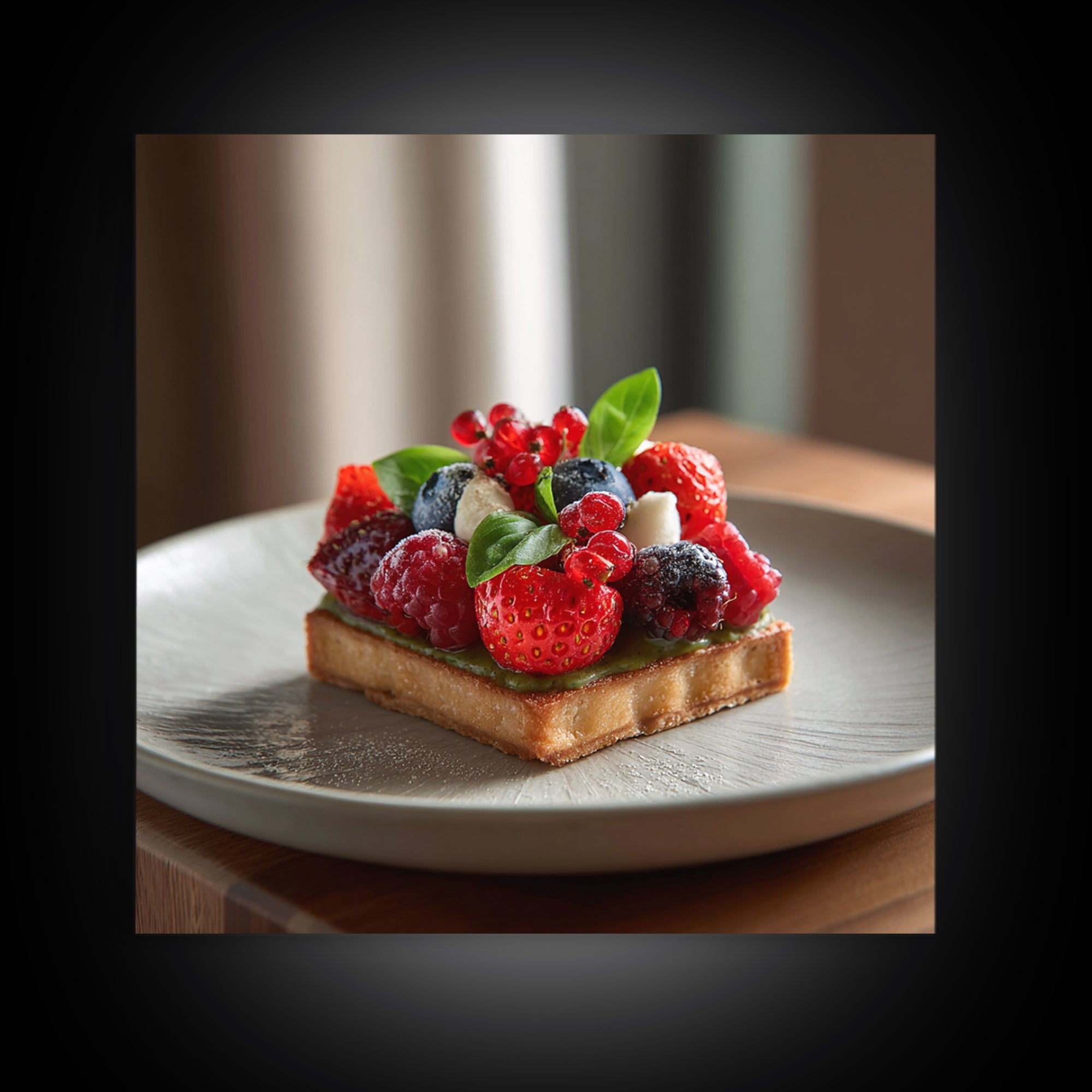 Dessert Tart with Berries and Cream Framed Canvas Print, Restaurant Art, Living Room Decor, Restaurant Decor, Fine Art, Bistro, RES-1x1-64