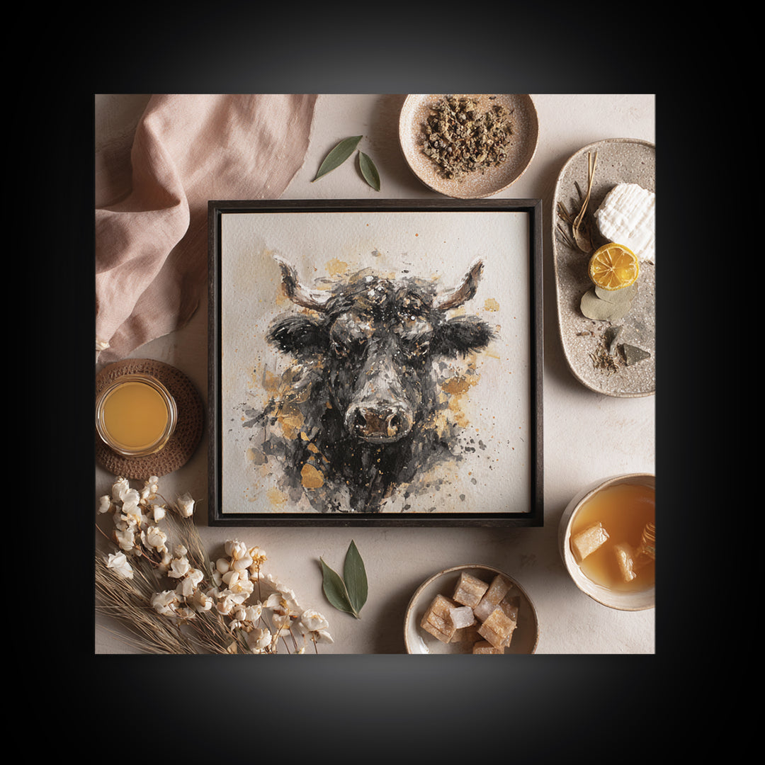 Steakhouse Black and Gold Bull Portrait Framed Canvas Print, Restaurant Art, Digital Print, Restaurant Decor, Fine Art, Bistro, RES-1x1-7