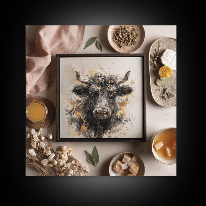 Steakhouse Black and Gold Bull Portrait Framed Canvas Print, Restaurant Art, Digital Print, Restaurant Decor, Fine Art, Bistro, RES-1x1-7