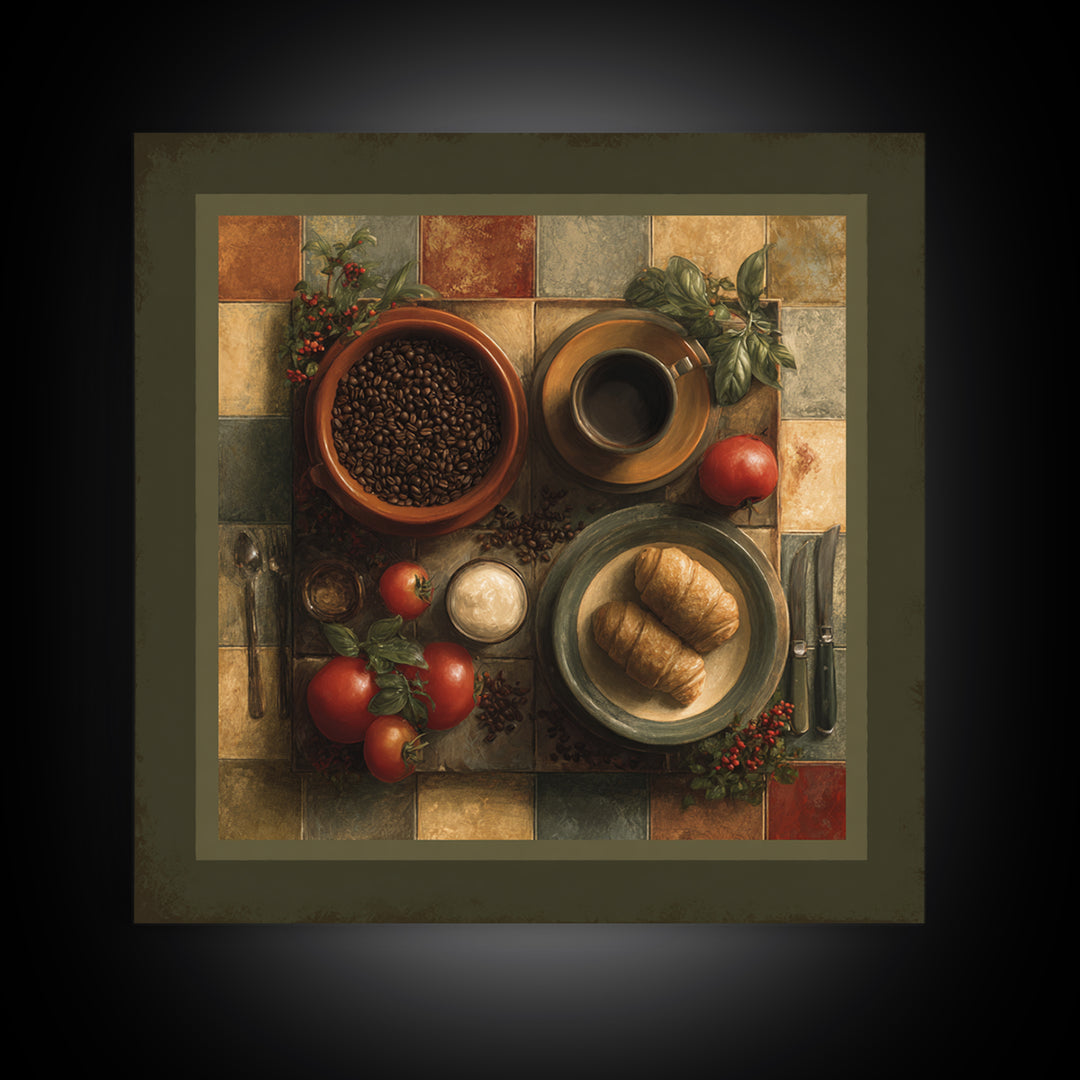 Coffee Beans and Pastry Arrangement Framed Canvas Print, Restaurant Art, Stained Glass Art, Restaurant Decor, Fine Art, Bistro, RES-1x1-70