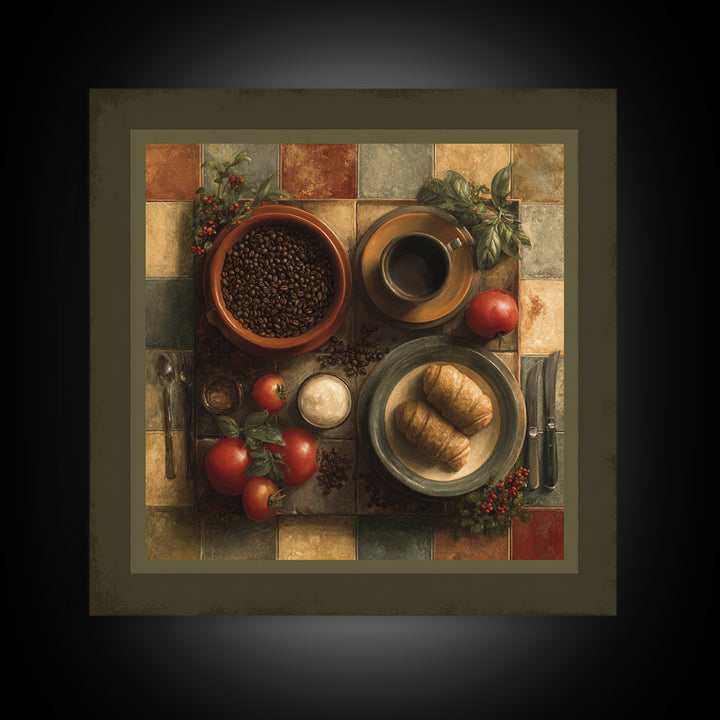 Coffee Beans and Pastry Arrangement Framed Canvas Print, Restaurant Art, Stained Glass Art, Restaurant Decor, Fine Art, Bistro, RES-1x1-70