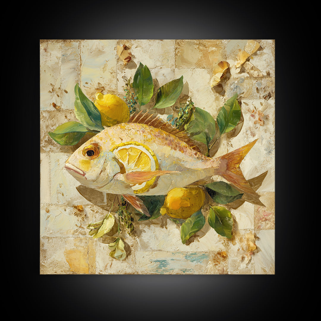 Fresh Fish with Lemon and Herbs Framed Canvas Print, Restaurant Art, Cool Wall Art, Restaurant Decor, Fine Art, Bistro, RES-1x1-71