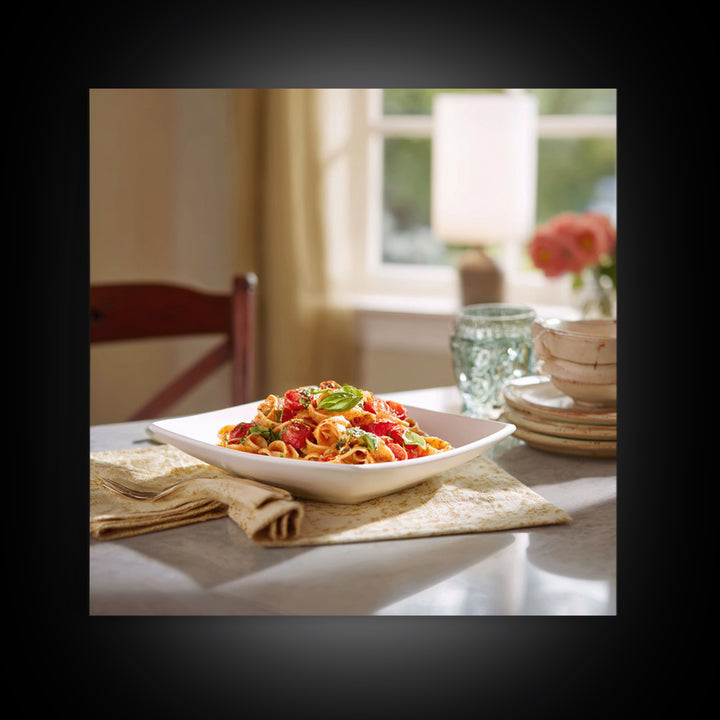 Fresh Pasta with Tomatoes and Basil Framed Canvas Print, Restaurant Art, Fine Art Print, Restaurant Decor, Fine Art, Bistro, RES-1x1-74