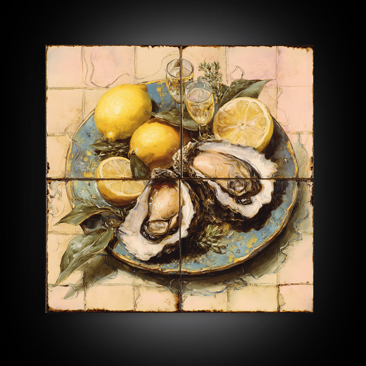 Oyster Platter with Lemons and Champagne Canvas Print, Restaurant Art, Statement Artwork, Restaurant Decor, Fine Art, Bistro, RES-1x1-75