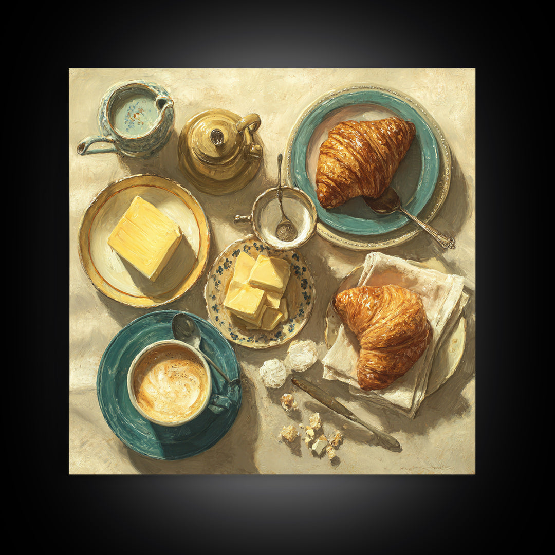 French Bistro Coffee and Croissant Still Life Framed Canvas Print, Restaurant Art, Statement Artwork, Restaurant Decor, Bistro, RES-1x1-78