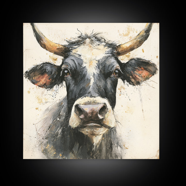 Steakhouse Black and Gold Bull Portrait Framed Canvas Print, Restaurant Art, Boho Decor, Restaurant Decor, Fine Art, Bistro, RES-1x1-79