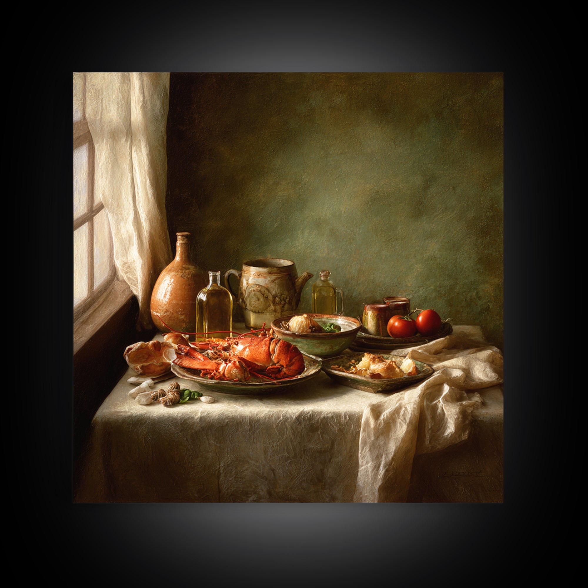 Seafood Lobster and Shell Arrangement Framed Canvas Print, Restaurant Art, Large Wall Art, Restaurant Decor, Fine Art, Bistro, RES-1x1-8
