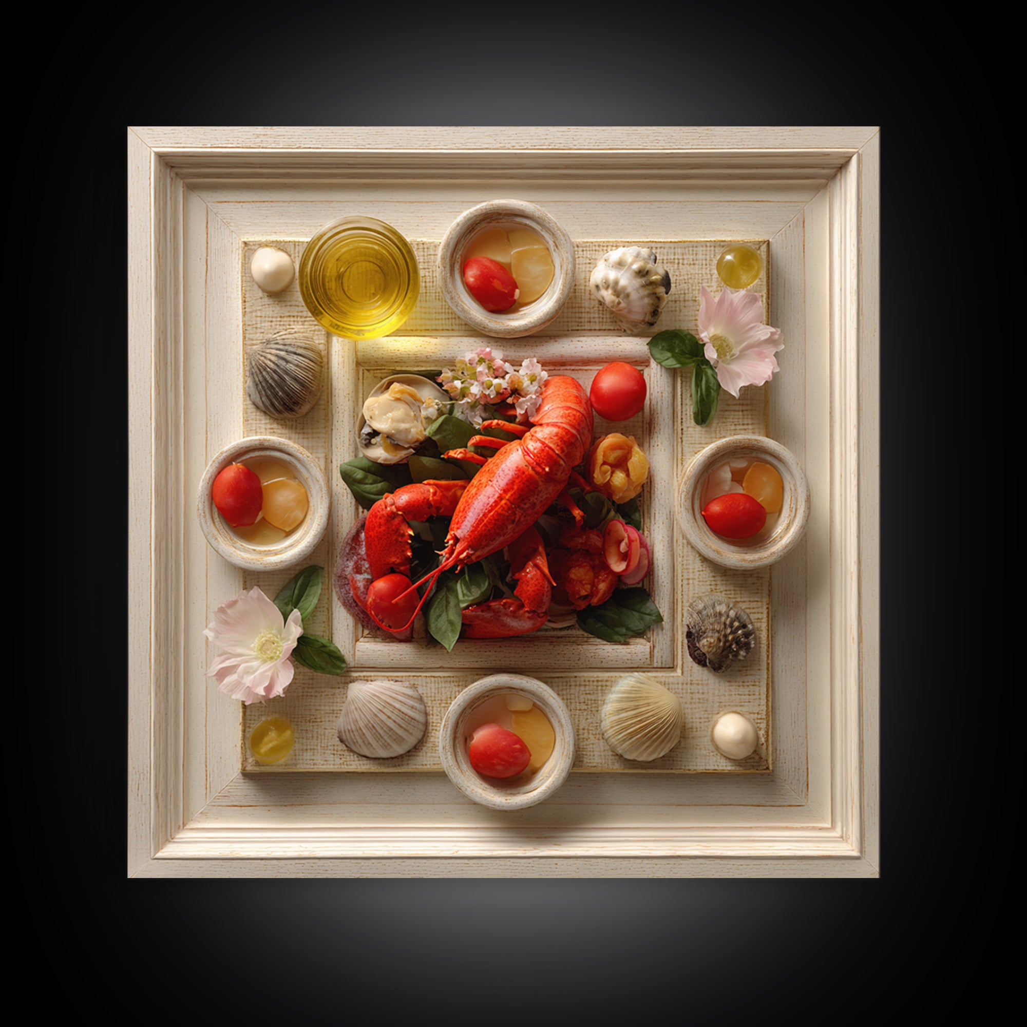 Seafood Lobster and Shell Arrangement Framed Canvas Print, Restaurant Art, Fine Art Print, Restaurant Decor, Fine Art, Bistro, RES-1x1-80