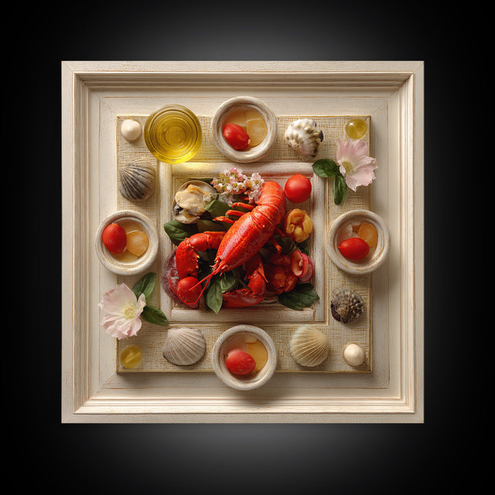 Seafood Lobster and Shell Arrangement Framed Canvas Print, Restaurant Art, Fine Art Print, Restaurant Decor, Fine Art, Bistro, RES-1x1-80