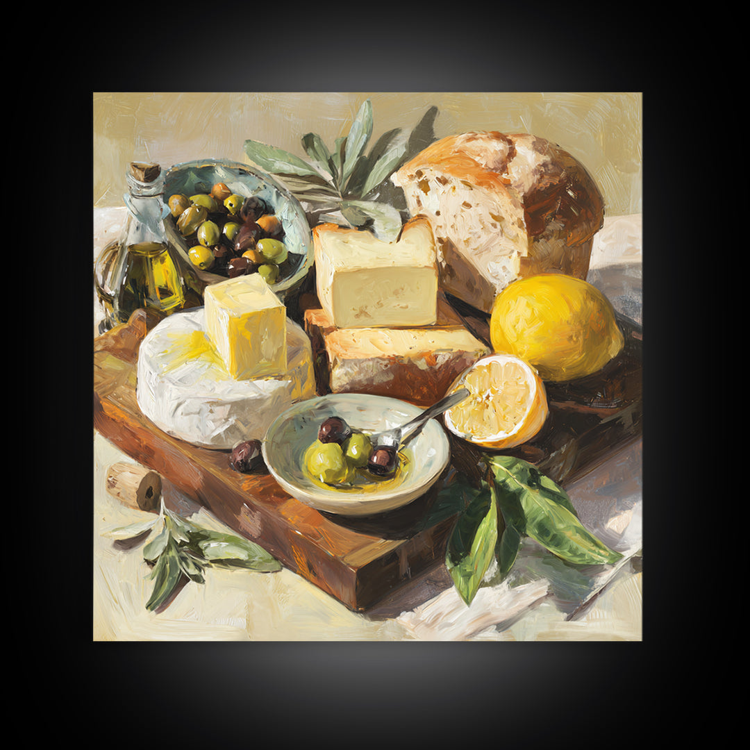 Mediterranean Olives Bread and Cheese Board Canvas Print, Restaurant Art, Wall Decor, Restaurant Decor, Fine Art, Bistro, RES-1x1-81