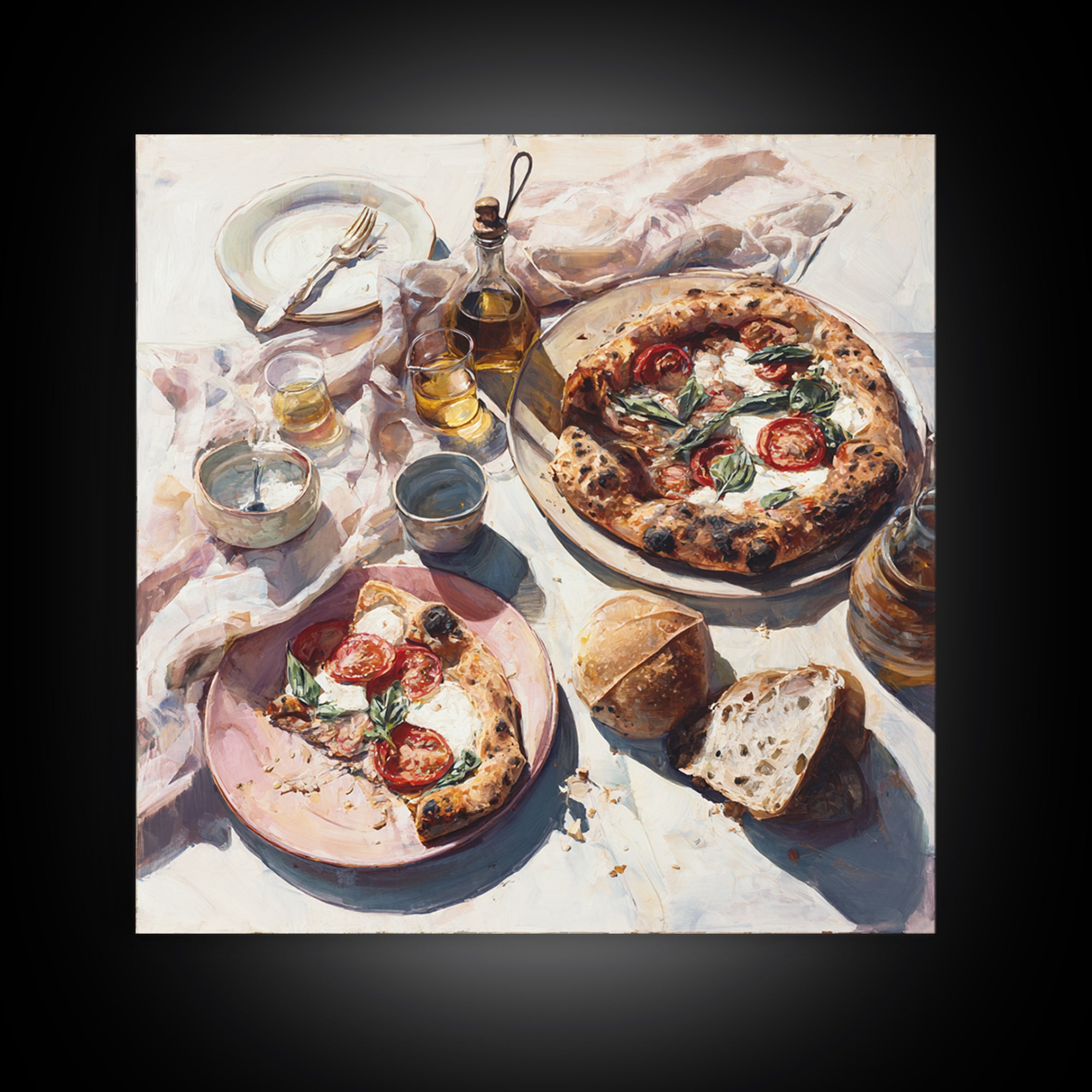 Pizzeria Tomato Basil and Mozzarella Still Life Canvas Print, Restaurant Art, Boho Decor, Restaurant Decor, Oil Painting, RES-1x1-82