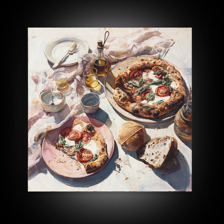 Pizzeria Tomato Basil and Mozzarella Still Life Canvas Print, Restaurant Art, Boho Decor, Restaurant Decor, Oil Painting, RES-1x1-82