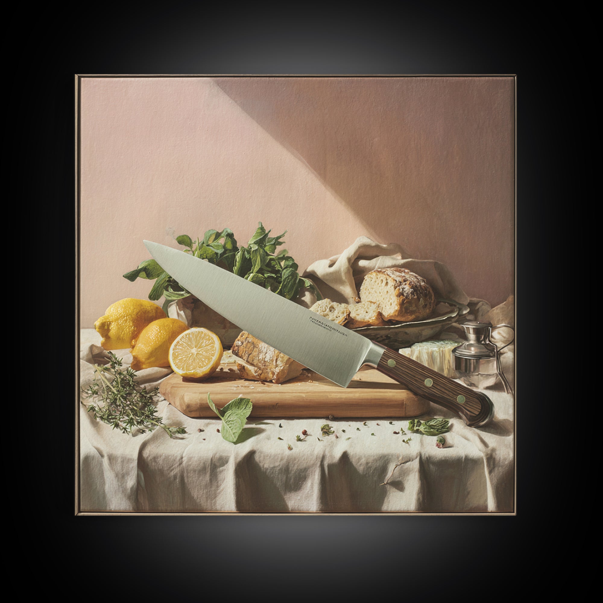 Chef Knife Herbs and Cutting Board Still Canvas Print, Restaurant Art, Minimalist Decor, Restaurant Decor, Fine Art, Bistro, RES-1x1-85