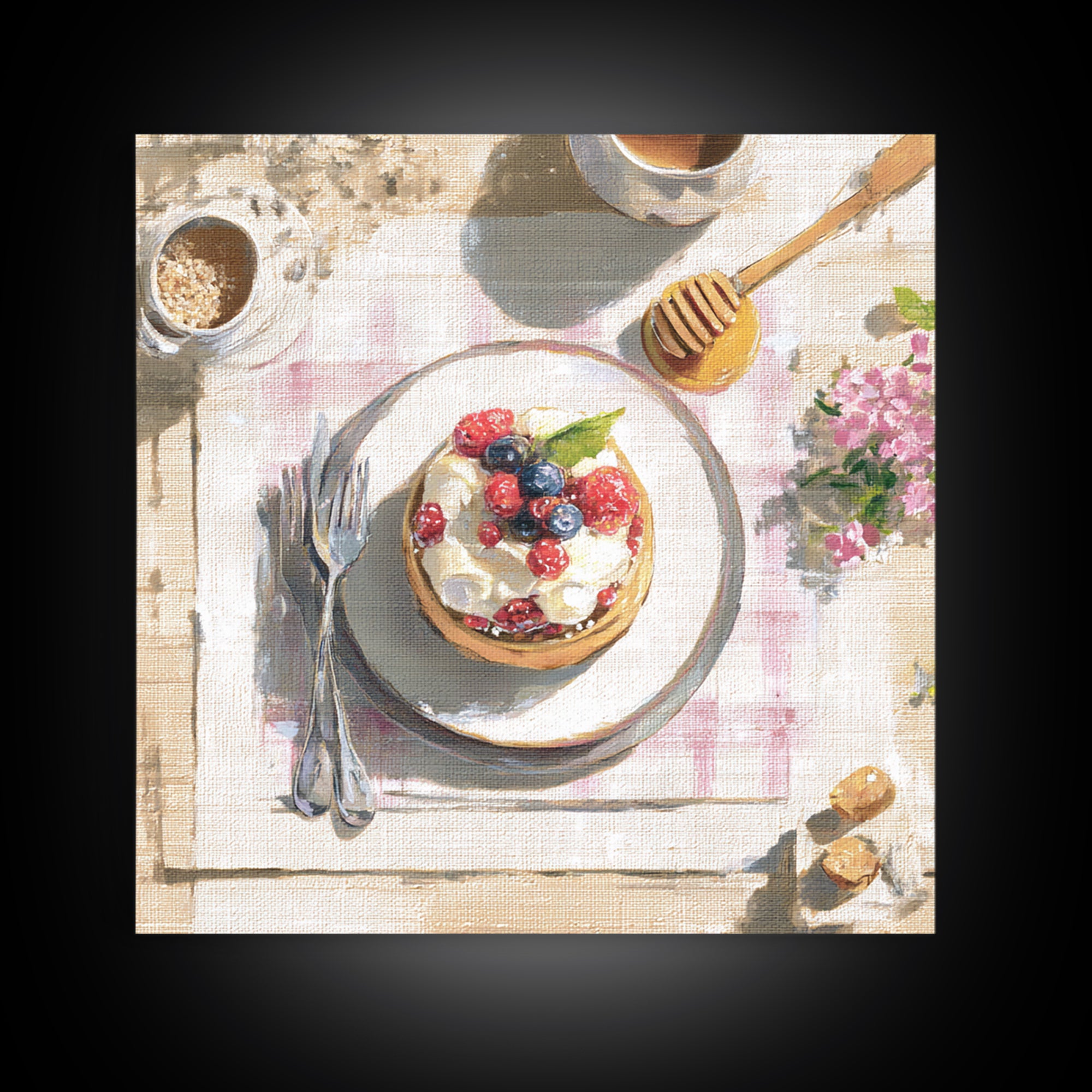 Dessert Tart with Berries and Cream Framed Canvas Print, Restaurant Art, Minimalist Decor, Restaurant Decor, Fine Art, Bistro, RES-1x1-88