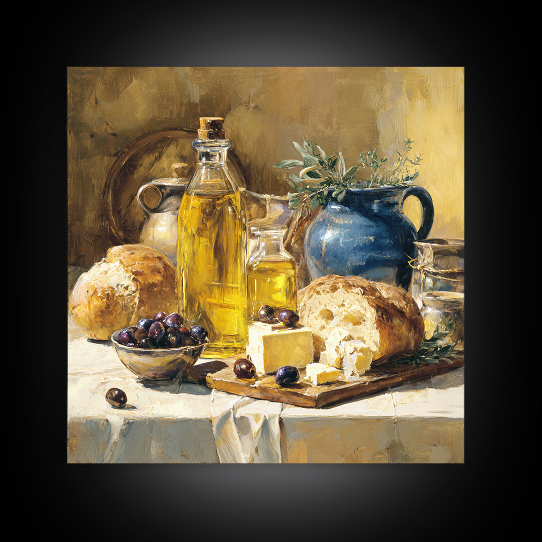 Mediterranean Olives Bread and Cheese Board Canvas Print, Restaurant Art, Statement Artwork, Restaurant Decor, Fine Art, Bistro, RES-1x1-9