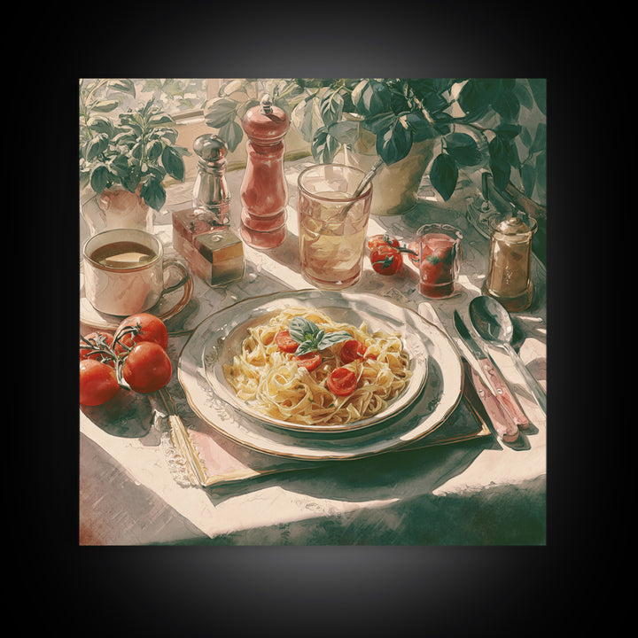 Fresh Pasta with Tomatoes and Basil Canvas Print, Restaurant Art, Textured Painting, Restaurant Decor, Fine Art, Bistro, RES-1x1-98