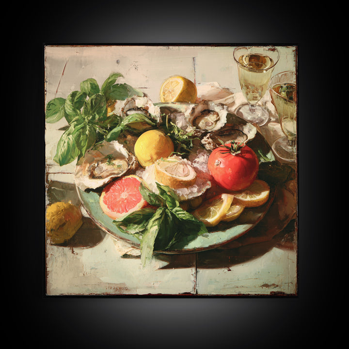 Oyster Platter with Lemons and Champagne Canvas Print, Restaurant Art, Wall Decor, Restaurant Decor, Fine Art, Bistro, RES-1x1-99