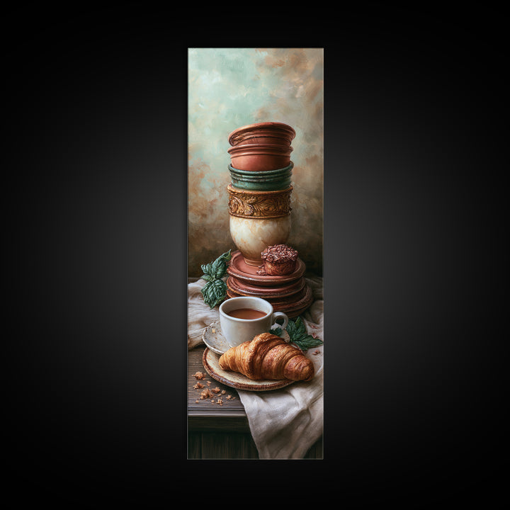 French Bistro Coffee and Croissant Still Life Canvas Print, Restaurant Art, Neutral Decor, Restaurant Decor, Fine Art, Bistro, RES-1x3-18
