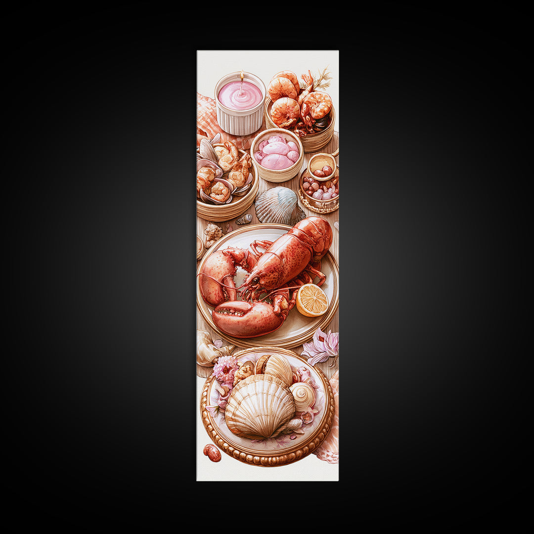 Seafood Lobster and Shell Arrangement Framed Canvas Print, Restaurant Art, Poster, Restaurant Decor, Fine Art, Bistro, RES-1x3-20