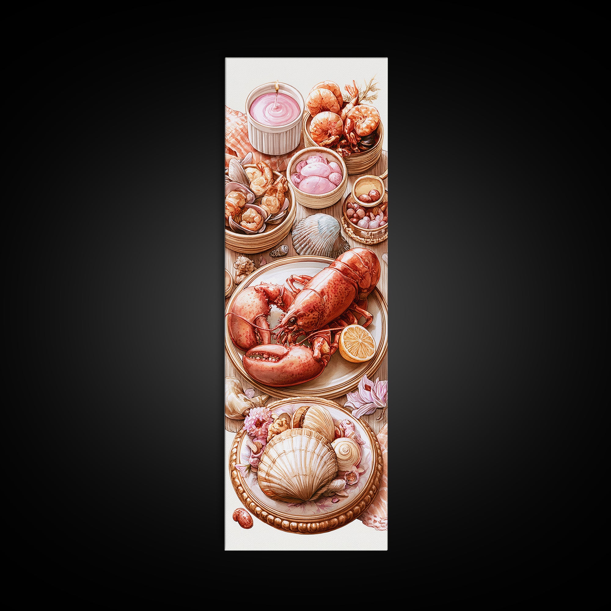 Seafood Lobster and Shell Arrangement Framed Canvas Print, Restaurant Art, Poster, Restaurant Decor, Fine Art, Bistro, RES-1x3-20