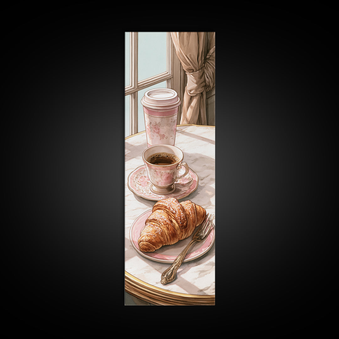 French Bistro Coffee and Croissant Still Life Canvas Print, Restaurant Art, Neutral Decor, Restaurant Decor, Fine Art, Bistro, RES-1x3-42