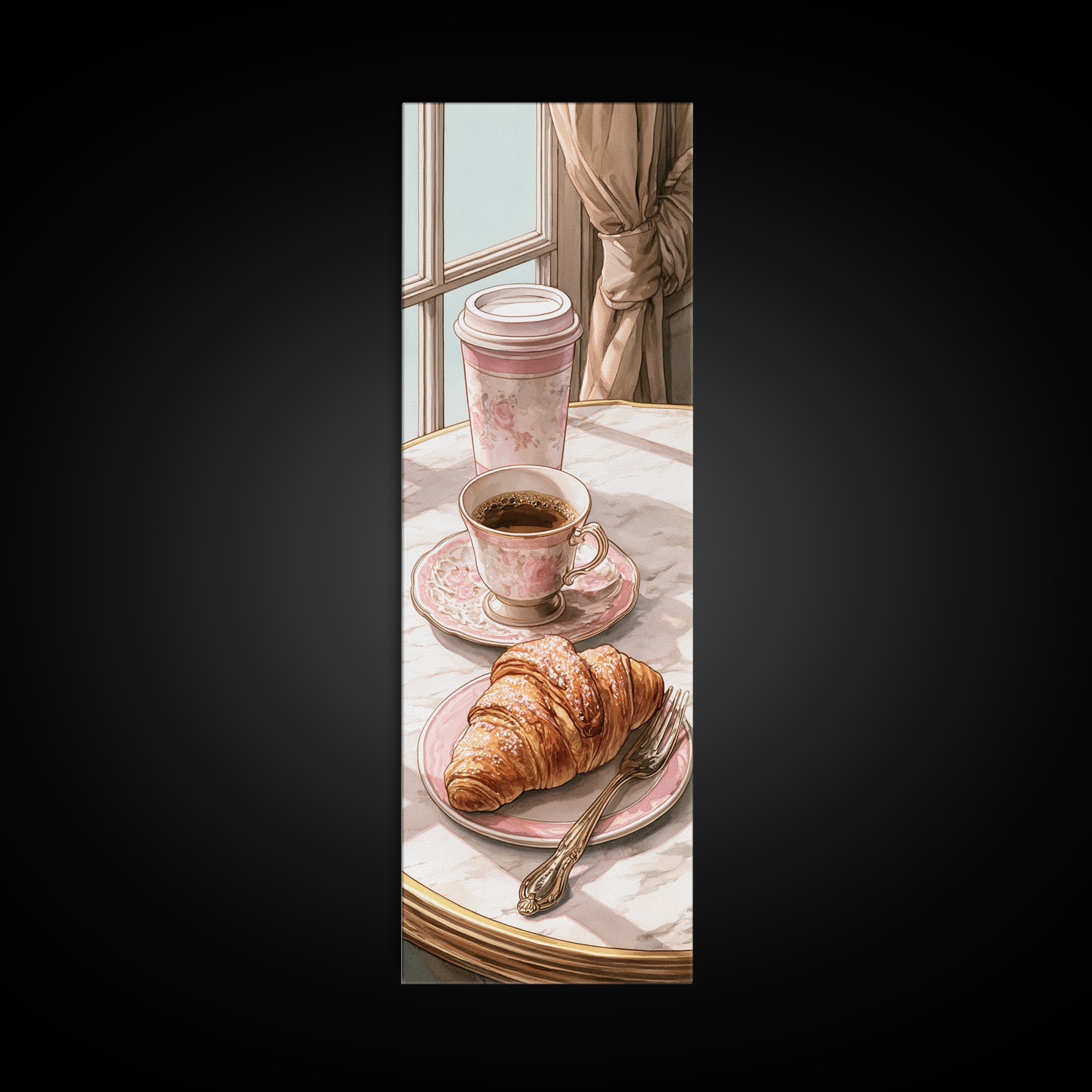 French Bistro Coffee and Croissant Still Life Canvas Print, Restaurant Art, Neutral Decor, Restaurant Decor, Fine Art, Bistro, RES-1x3-42