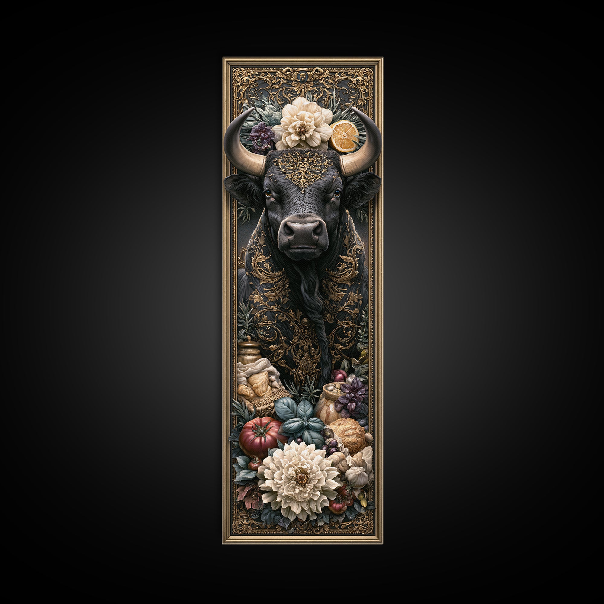 Steakhouse Black and Gold Bull Portrait Canvas Print, Restaurant Art, Living Room Decor, Restaurant Decor, Fine Art, Bistro, RES-1x3-43
