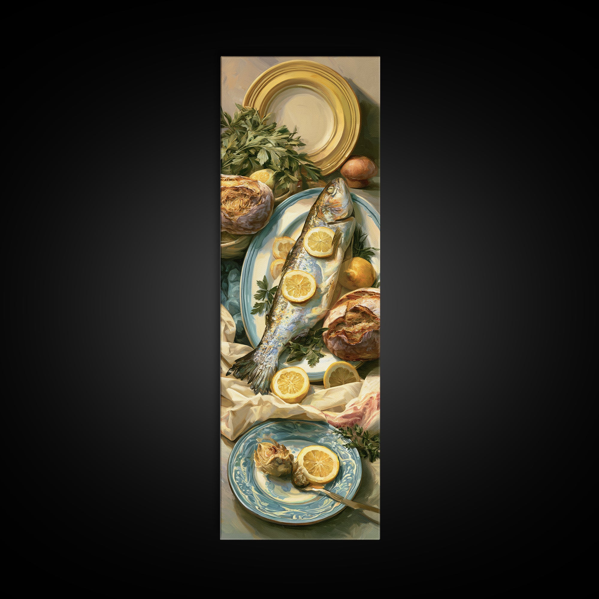 Fresh Fish with Lemon and Herbs Canvas Print, Restaurant Art, Canvas Print, Restaurant Decor, Bistro, Statement Artwork, RES-1x3-59