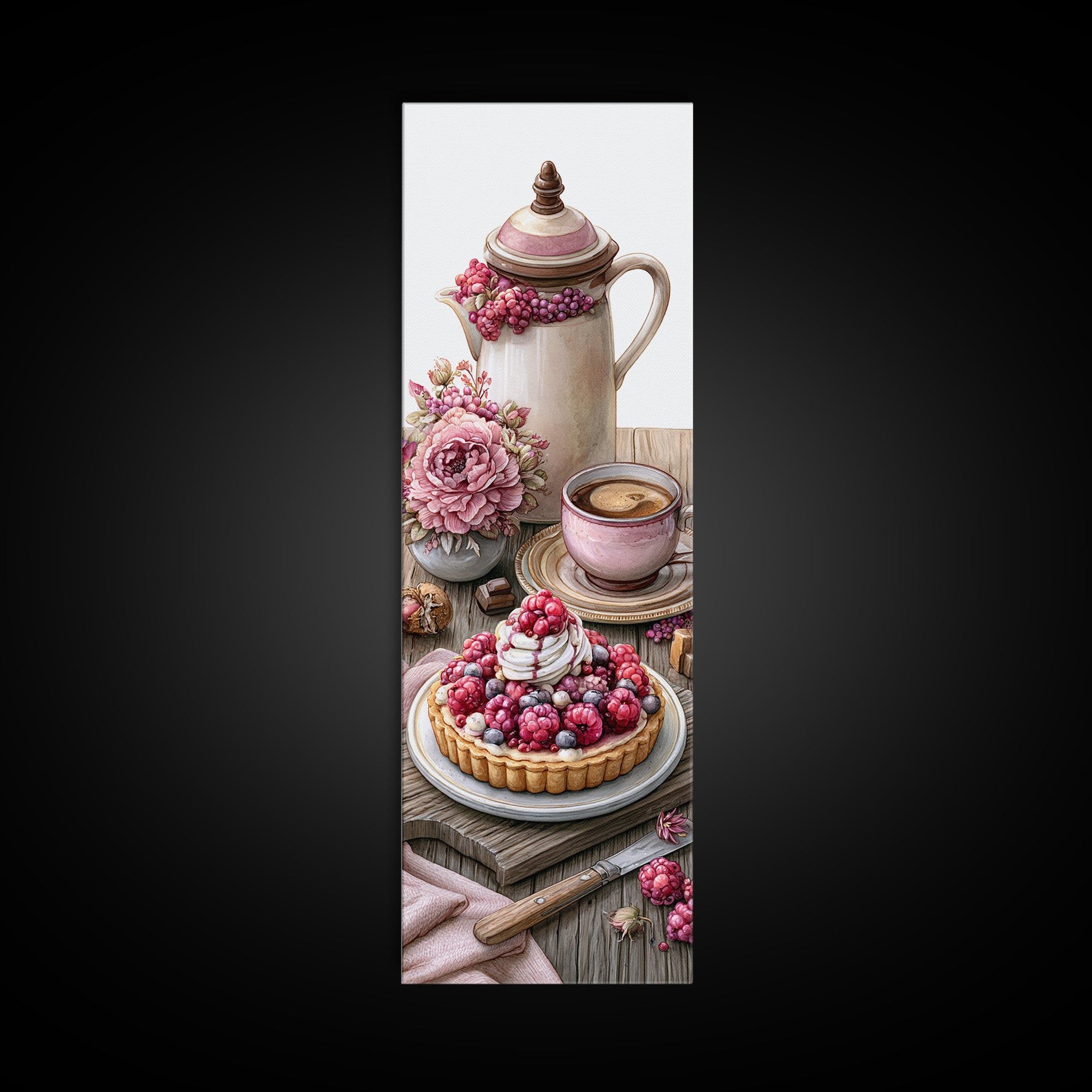 Dessert Tart with Berries and Cream Framed Canvas Print, Restaurant Art, Watercolor Painting, Restaurant Decor, Oil Painting, RES-1x3-76