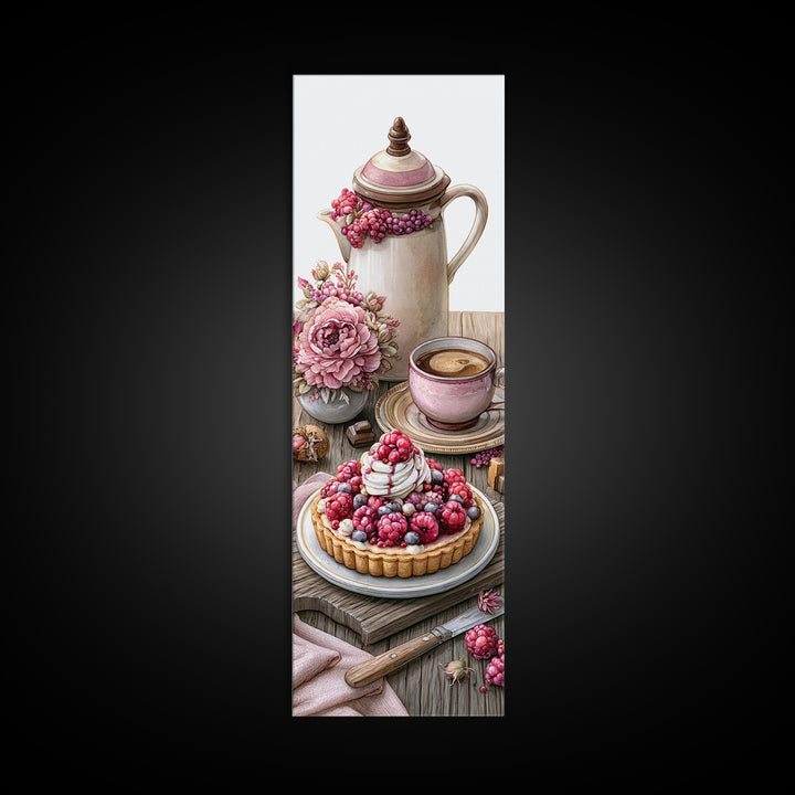 Dessert Tart with Berries and Cream Framed Canvas Print, Restaurant Art, Watercolor Painting, Restaurant Decor, Oil Painting, RES-1x3-76