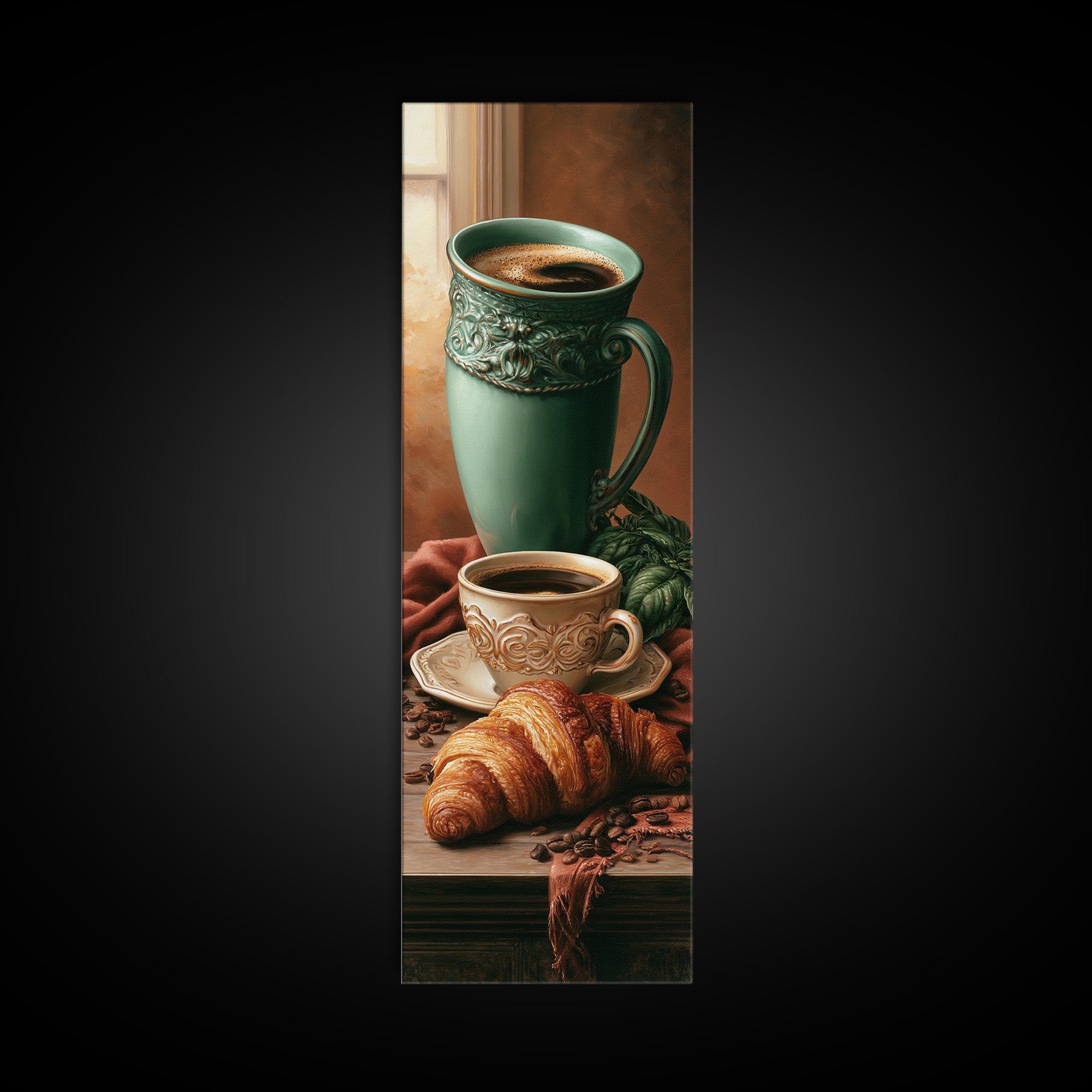 French Bistro Coffee and Croissant Still Life Canvas Print, Restaurant Art, Wall Art, Restaurant Decor, Oil Painting, Bistro, RES-1x3-90