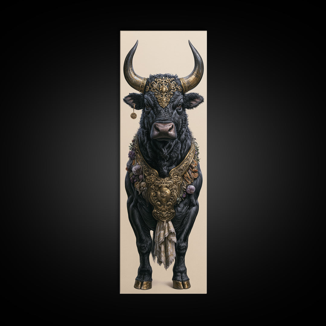 Steakhouse Black and Gold Bull Portrait Framed Canvas Print, Restaurant Art, Boho Decor, Restaurant Decor, Fine Art, Bistro, RES-1x3-91