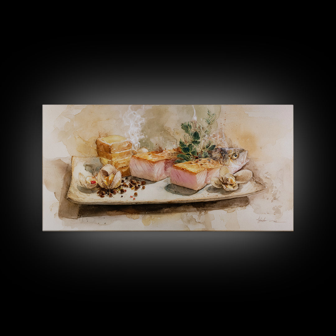 Sushi Fish and Ceramic Plate Composition Framed Canvas Print, Restaurant Art, Large Wall Art, Restaurant Decor, Bistro, RES-2x1-1