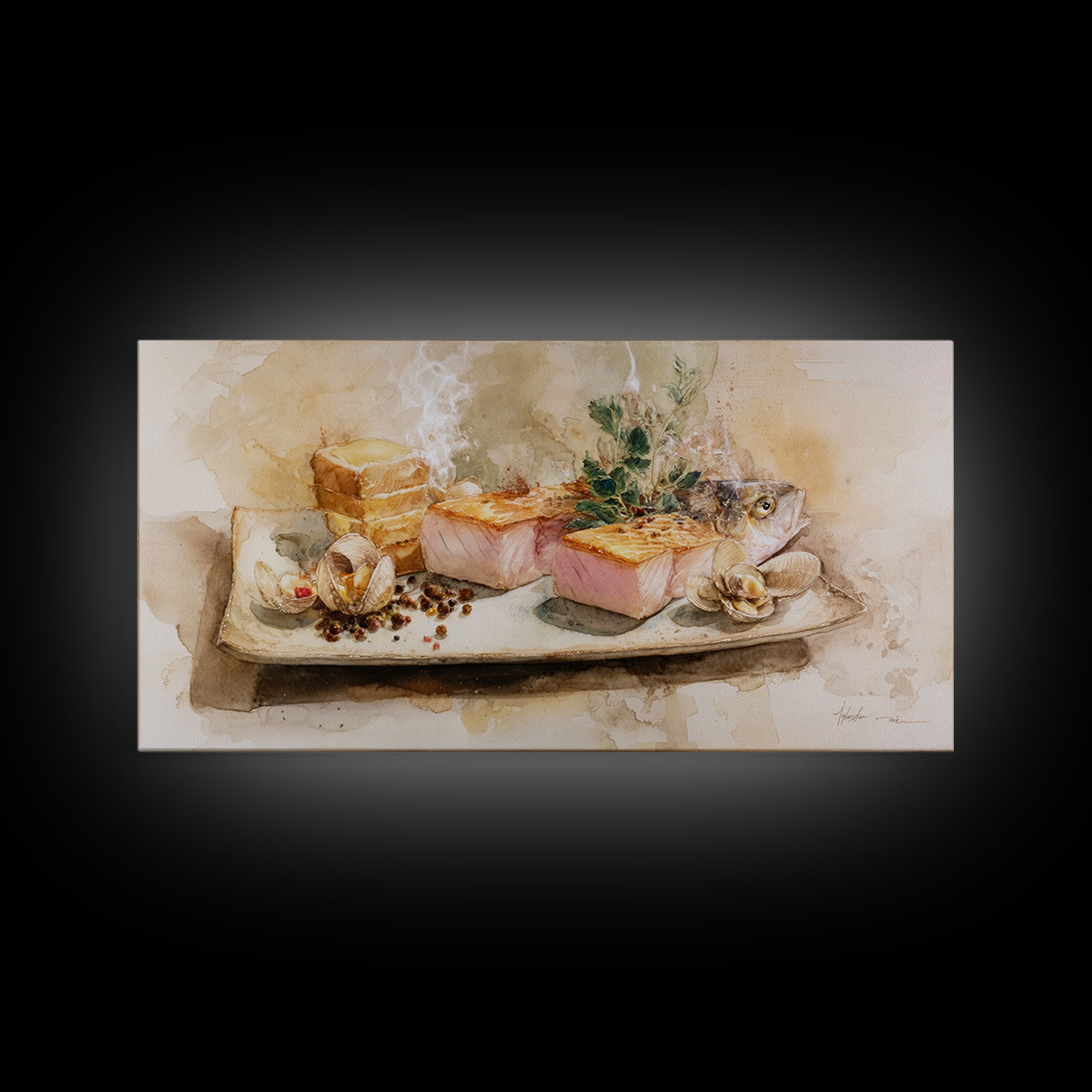 Sushi Fish and Ceramic Plate Composition Framed Canvas Print, Restaurant Art, Large Wall Art, Restaurant Decor, Bistro, RES-2x1-1