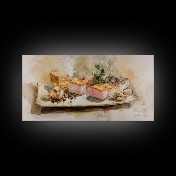 Sushi Fish and Ceramic Plate Composition Framed Canvas Print, Restaurant Art, Large Wall Art, Restaurant Decor, Bistro, RES-2x1-1