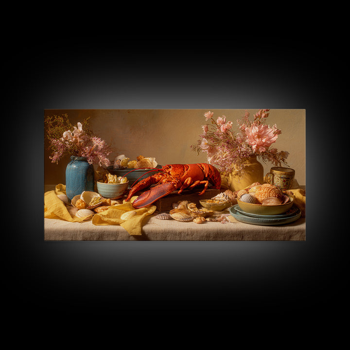 Seafood Lobster and Shell Arrangement Framed Canvas Print, Restaurant Art, Canvas Print, Restaurant Decor, Fine Art, Bistro, RES-2x1-100