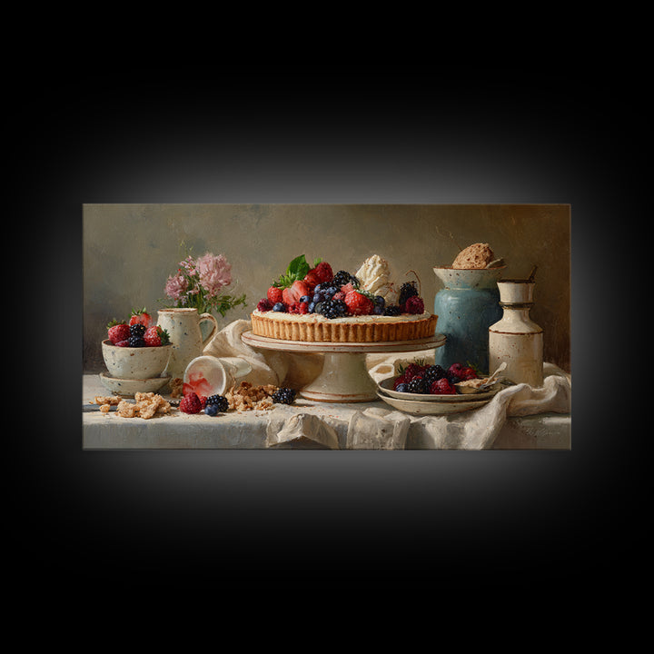 Dessert Tart with Berries and Cream Framed Canvas Print, Restaurant Art, Room Decor, Restaurant Decor, Fine Art, Bistro, RES-2x1-12