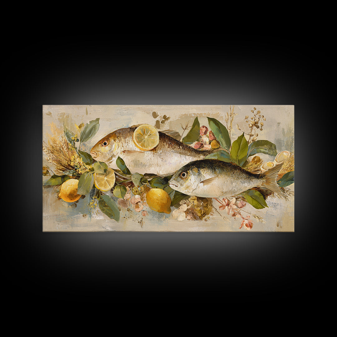 Fresh Fish with Lemon and Herbs Framed Canvas Print, Restaurant Art, Cool Wall Art, Restaurant Decor, Fine Art, Bistro, RES-2x1-19
