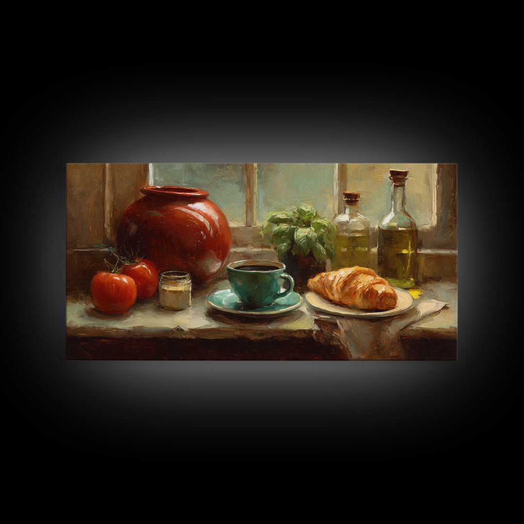 French Bistro Coffee and Croissant Still Life Canvas Print, Restaurant Art, Restaurant Decor, Abstract Art, Bistro, RES-2x1-2