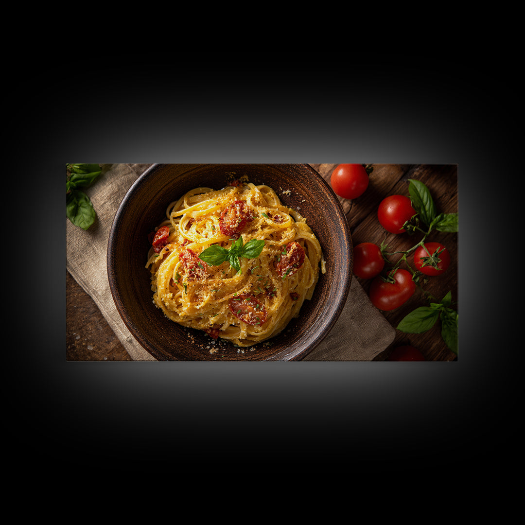 Fresh Pasta with Tomatoes and Basil Canvas Print, Restaurant Art, Textured Painting, Restaurant Decor, Fine Art, Bistro, RES-2x1-22