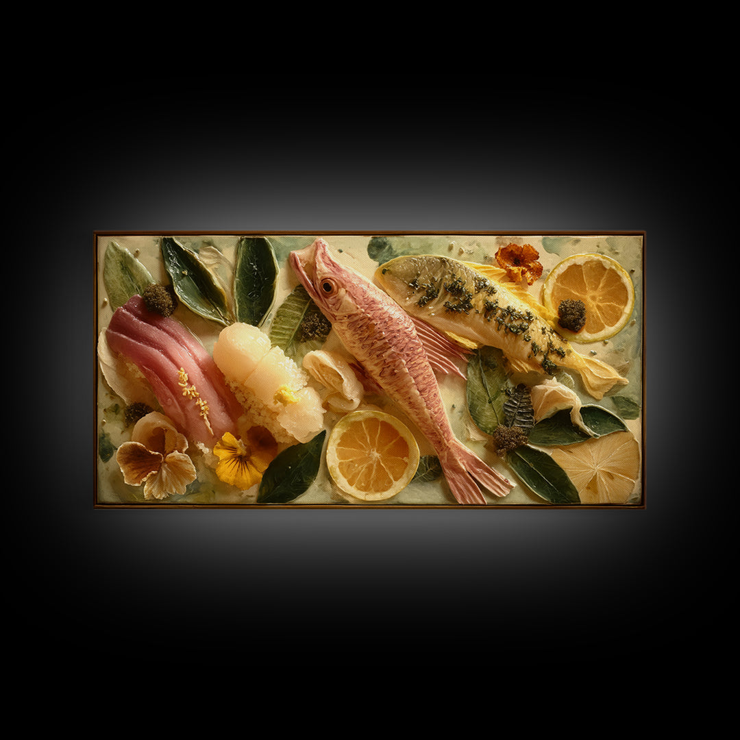 Sushi Fish and Ceramic Plate Composition Framed Canvas Print, Restaurant Art, Large Wall Art, Restaurant Decor, Bistro, RES-2x1-25