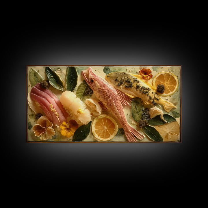 Sushi Fish and Ceramic Plate Composition Framed Canvas Print, Restaurant Art, Large Wall Art, Restaurant Decor, Bistro, RES-2x1-25