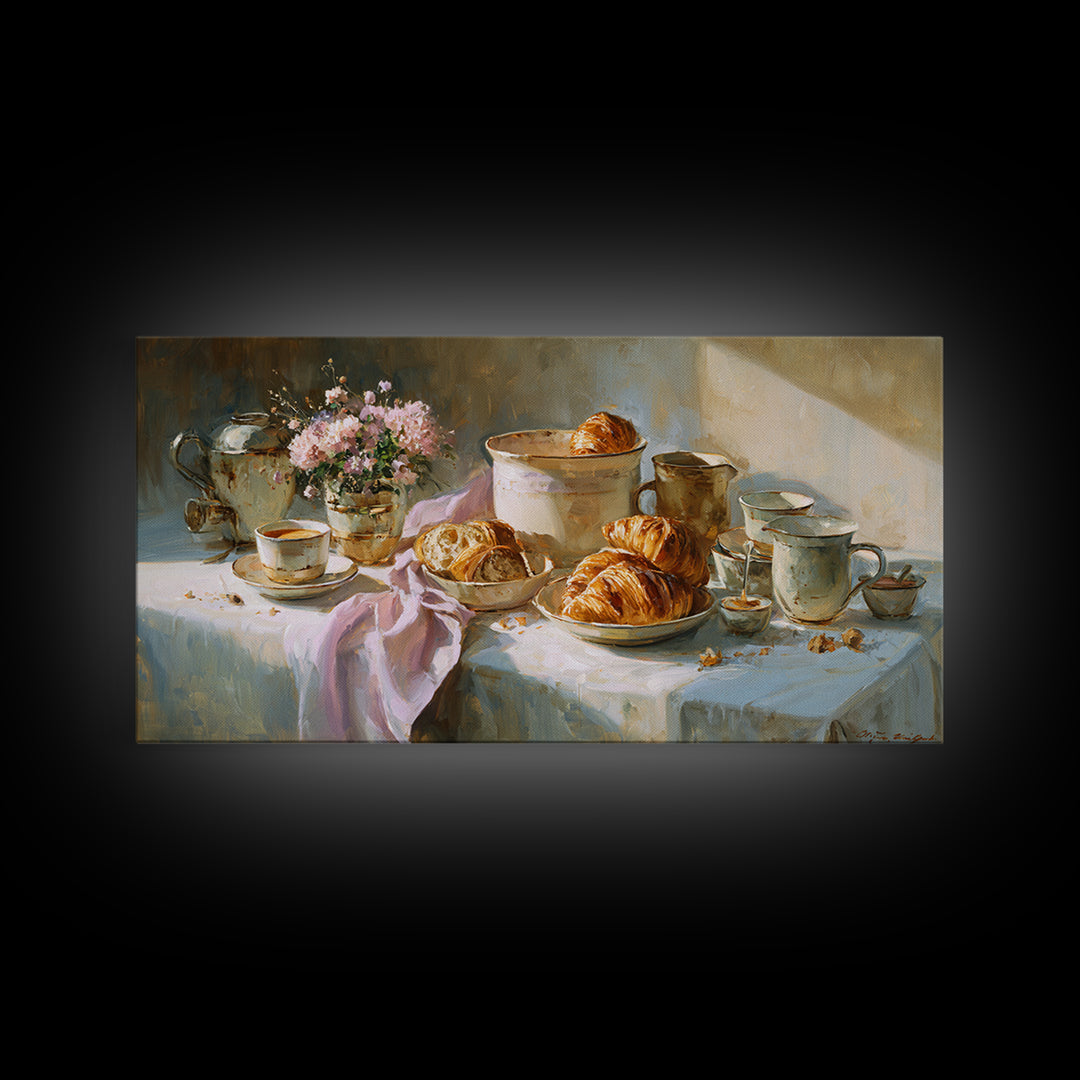 French Bistro Coffee and Croissant Still Life Canvas Print, Restaurant Art, Restaurant Decor, Abstract Art, Bistro, RES-2x1-26