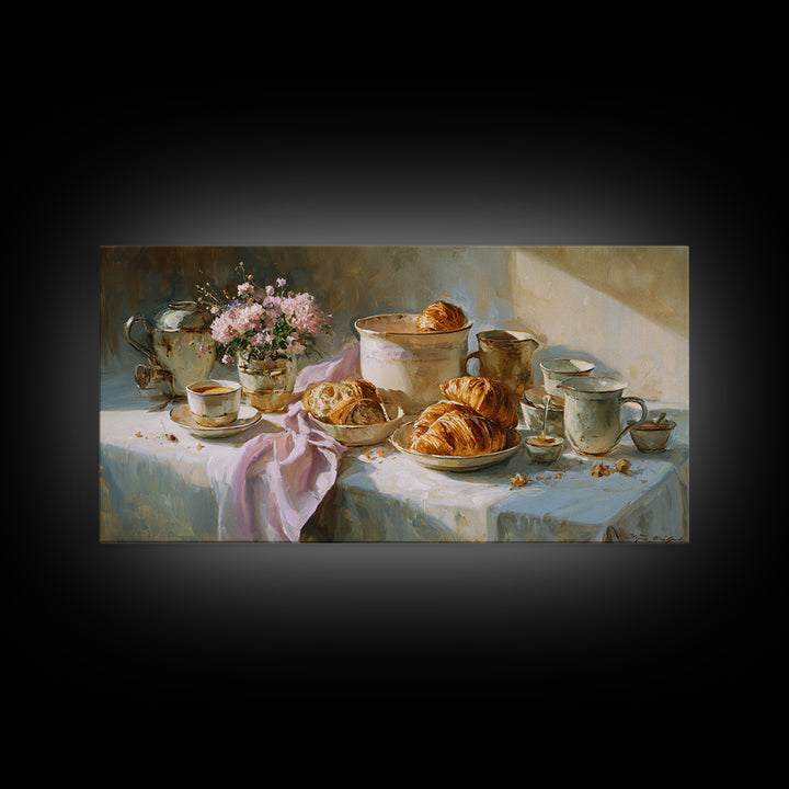 French Bistro Coffee and Croissant Still Life Canvas Print, Restaurant Art, Restaurant Decor, Abstract Art, Bistro, RES-2x1-26